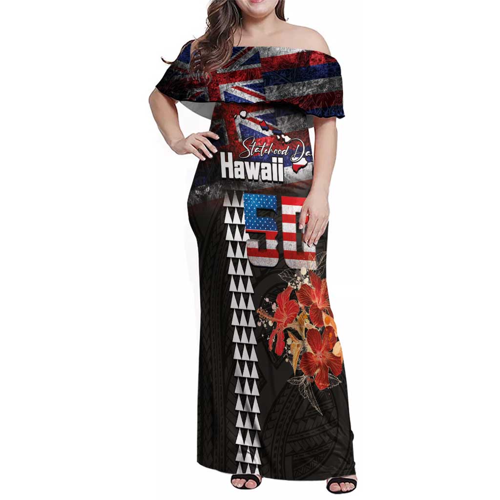 Hawaii Statehood Day Family Matching Off Shoulder Maxi Dress and Hawaiian Shirt 50th state of the United States Kakau Tattoos and Hibiscus Grunge LT03 Mom's Dress Black - Polynesian Pride