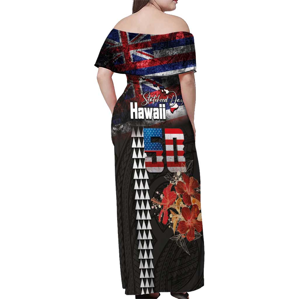 Hawaii Statehood Day Family Matching Off Shoulder Maxi Dress and Hawaiian Shirt 50th state of the United States Kakau Tattoos and Hibiscus Grunge LT03 - Polynesian Pride