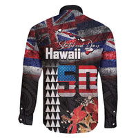 Hawaii Statehood Day Family Matching Off Shoulder Short Dress and Hawaiian Shirt 50th state of the United States Kakau Tattoos and Hibiscus Grunge LT03 - Polynesian Pride
