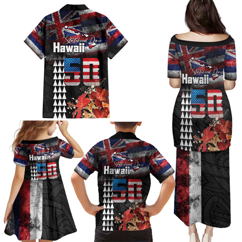 Hawaii Statehood Day Family Matching Puletasi and Hawaiian Shirt 50th state of the United States Kakau Tattoos and Hibiscus Grunge LT03 - Polynesian Pride