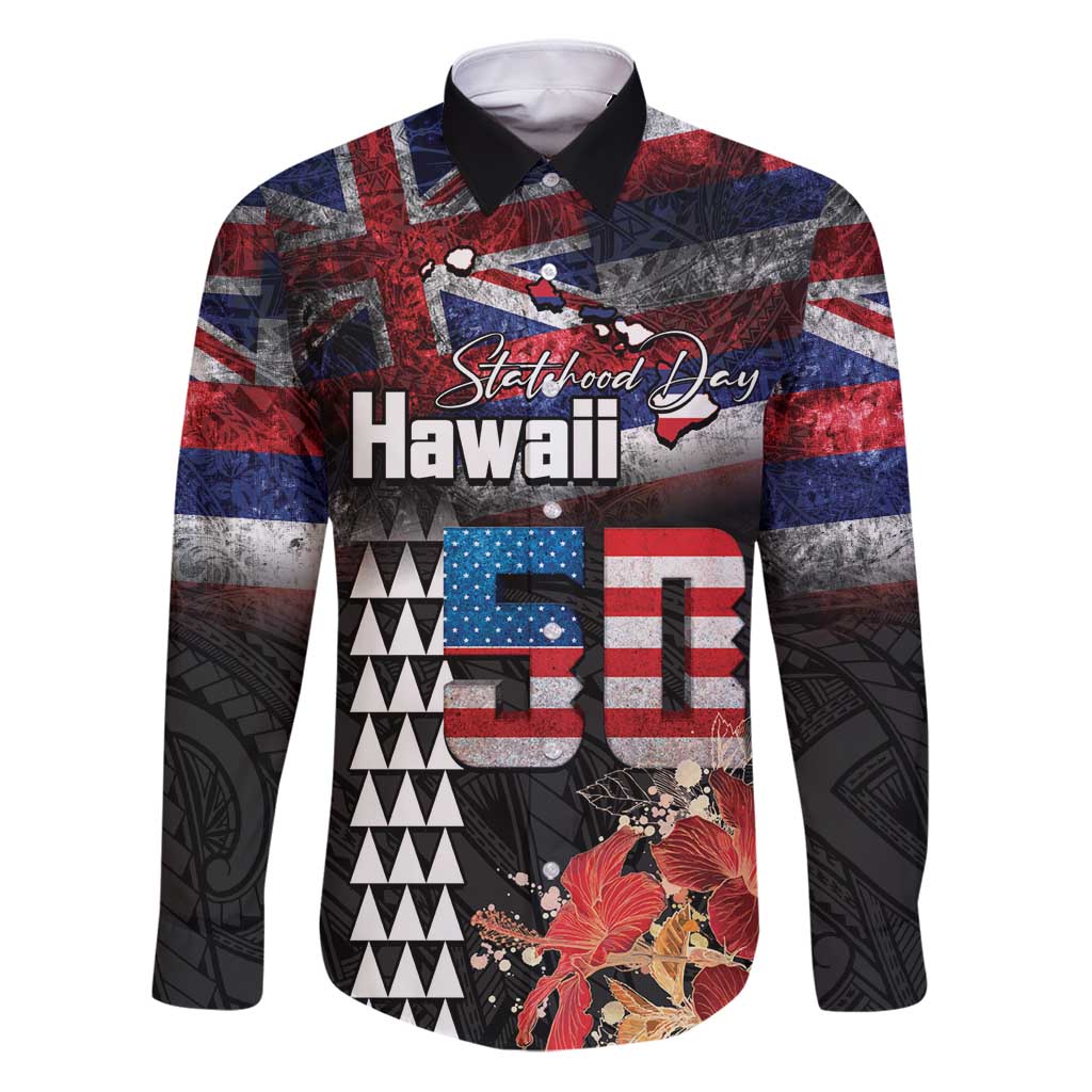 Hawaii Statehood Day Family Matching Puletasi and Hawaiian Shirt 50th state of the United States Kakau Tattoos and Hibiscus Grunge LT03 Dad's Shirt - Long Sleeve Black - Polynesian Pride