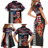 Hawaii Statehood Day Family Matching Short Sleeve Bodycon Dress and Hawaiian Shirt 50th state of the United States Kakau Tattoos and Hibiscus Grunge LT03 - Polynesian Pride