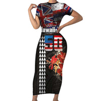 Hawaii Statehood Day Family Matching Short Sleeve Bodycon Dress and Hawaiian Shirt 50th state of the United States Kakau Tattoos and Hibiscus Grunge LT03 Mom's Dress Black - Polynesian Pride
