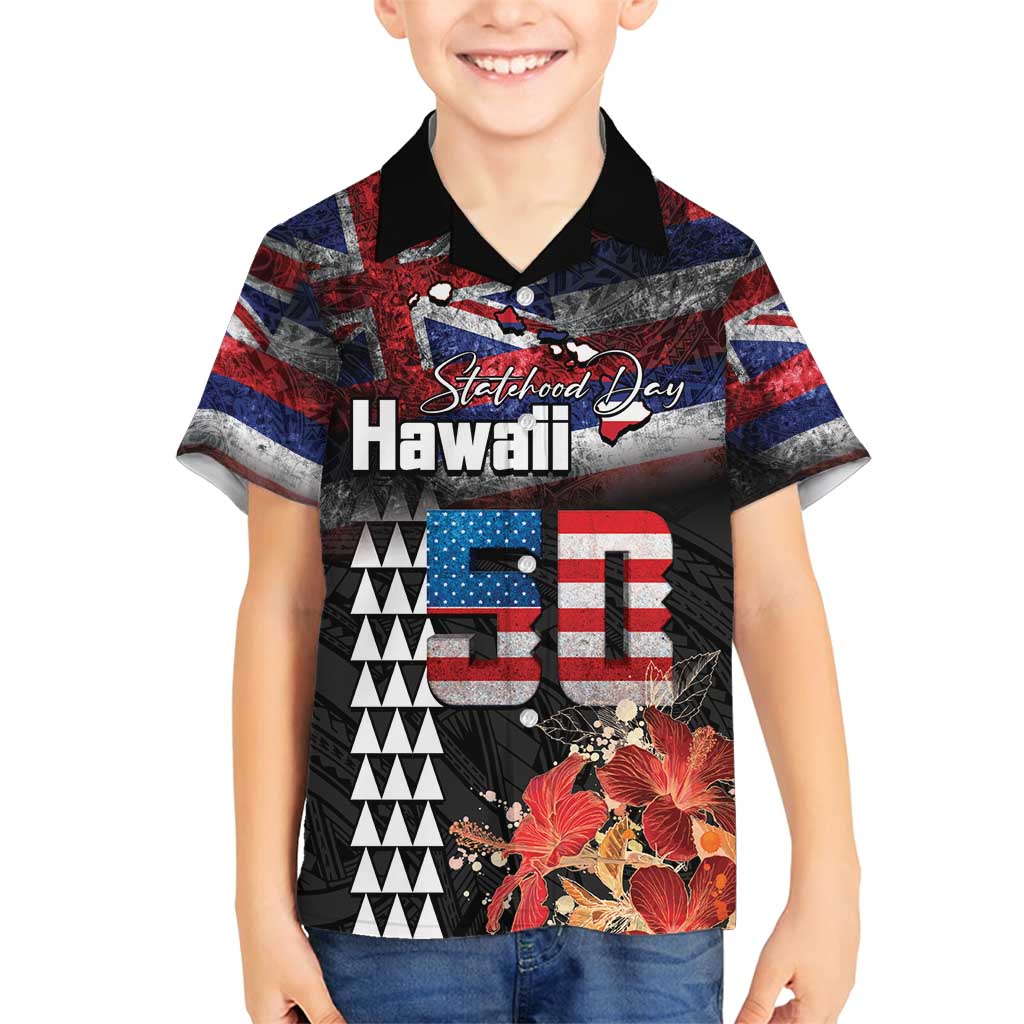 Hawaii Statehood Day Family Matching Summer Maxi Dress and Hawaiian Shirt 50th state of the United States Kakau Tattoos and Hibiscus Grunge LT03 Son's Shirt Black - Polynesian Pride