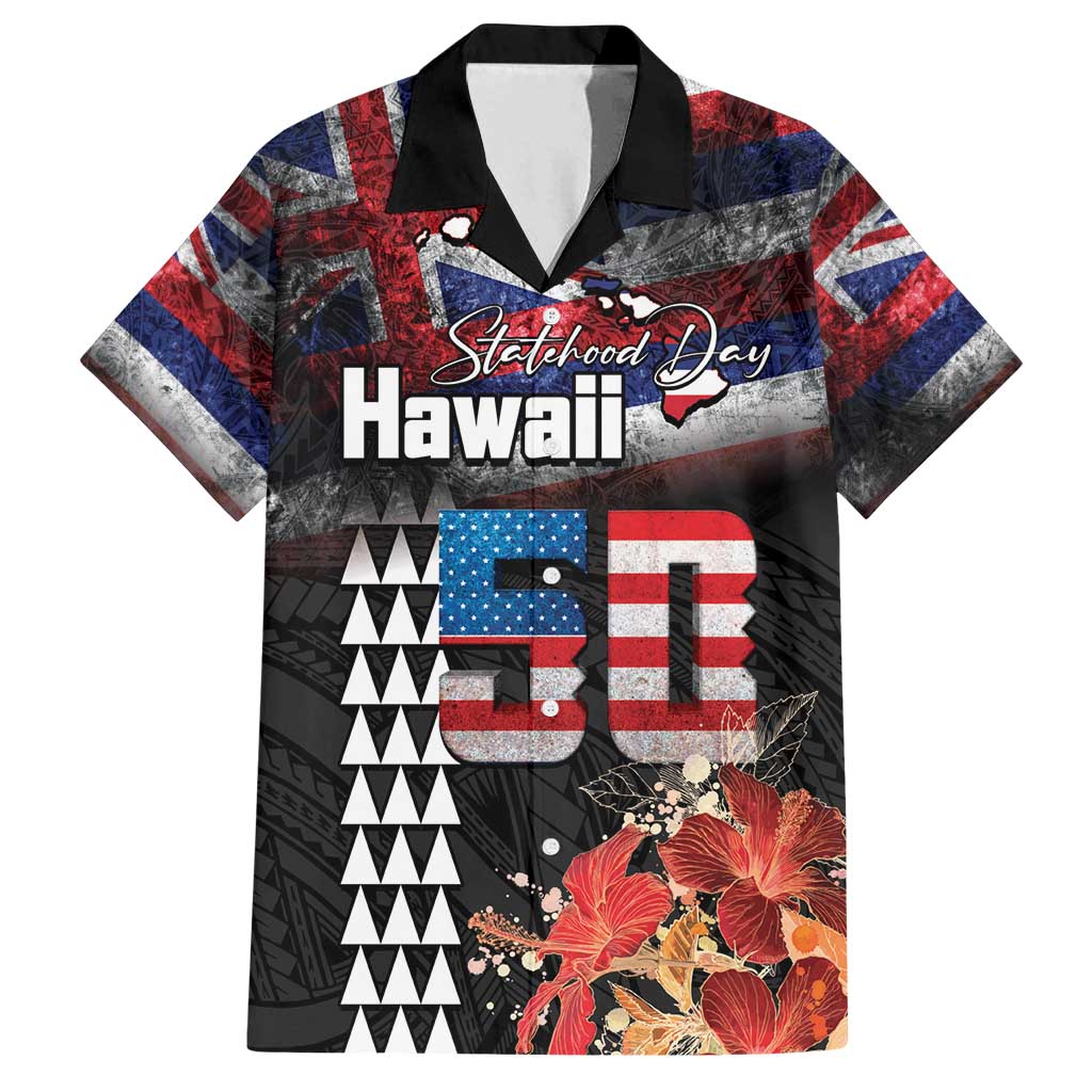 Hawaii Statehood Day Family Matching Tank Maxi Dress and Hawaiian Shirt 50th state of the United States Kakau Tattoos and Hibiscus Grunge LT03 Dad's Shirt - Short Sleeve Black - Polynesian Pride