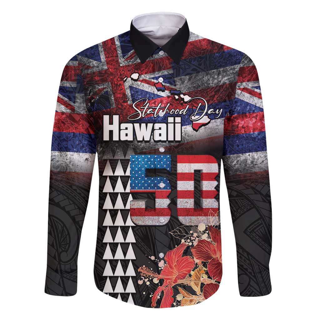 Hawaii Statehood Day Family Matching Tank Maxi Dress and Hawaiian Shirt 50th state of the United States Kakau Tattoos and Hibiscus Grunge LT03 Dad's Shirt - Long Sleeve Black - Polynesian Pride