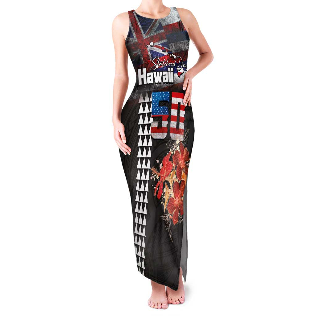 Hawaii Statehood Day Family Matching Tank Maxi Dress and Hawaiian Shirt 50th state of the United States Kakau Tattoos and Hibiscus Grunge LT03 Mom's Dress Black - Polynesian Pride