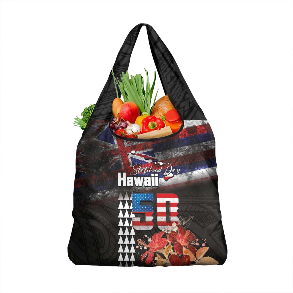Hawaii Statehood Day Grocery Bag 50th state of the United States Kakau Tattoos and Hibiscus Grunge LT03 1-pack One Size Black - Polynesian Pride