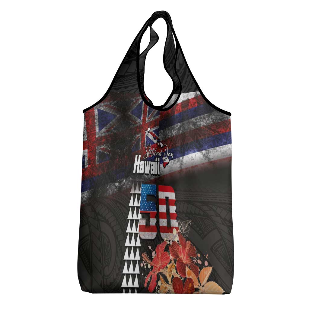 Hawaii Statehood Day Grocery Bag 50th state of the United States Kakau Tattoos and Hibiscus Grunge LT03 - Polynesian Pride