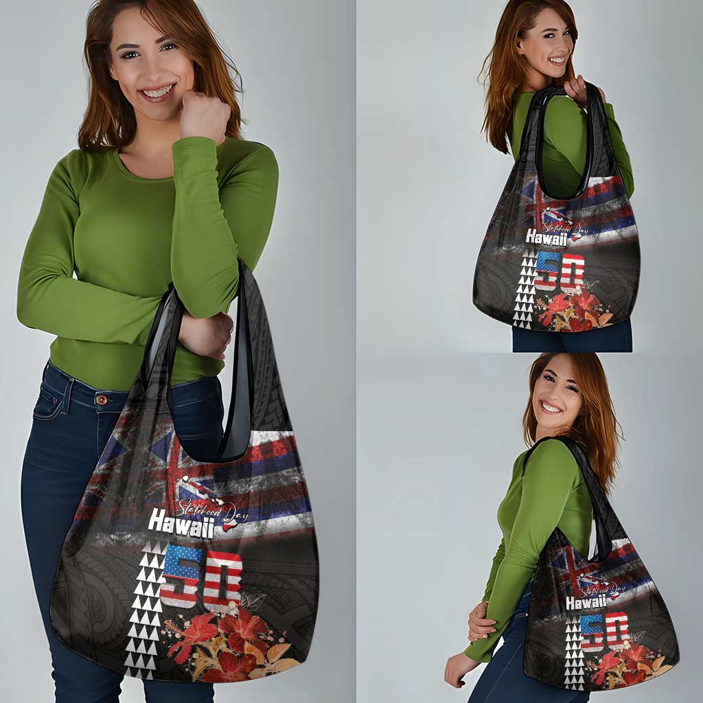 Hawaii Statehood Day Grocery Bag 50th state of the United States Kakau Tattoos and Hibiscus Grunge LT03 - Polynesian Pride