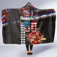 Hawaii Statehood Day Hooded Blanket 50th state of the United States Kakau Tattoos and Hibiscus Grunge LT03 One Size Black - Polynesian Pride