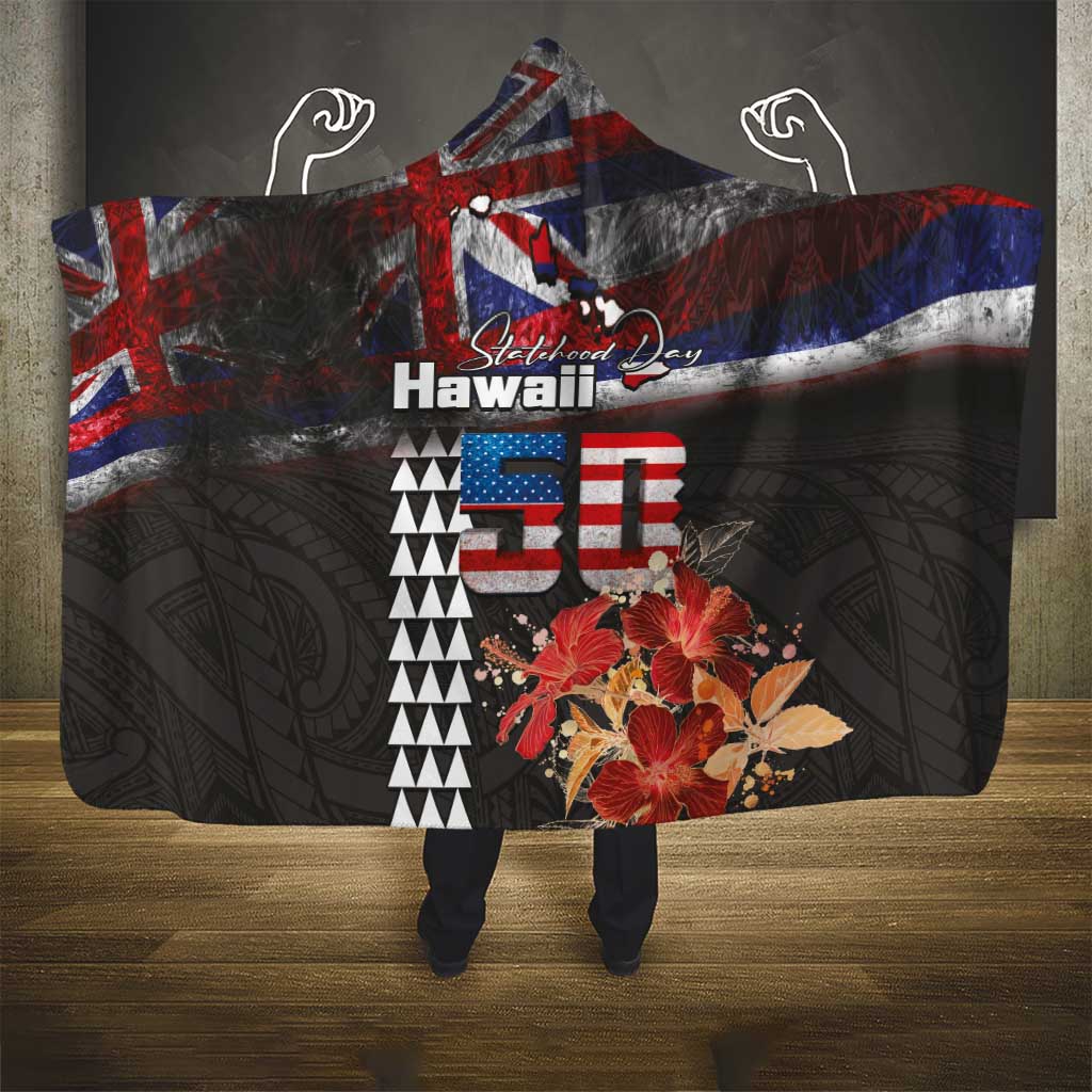 Hawaii Statehood Day Hooded Blanket 50th state of the United States Kakau Tattoos and Hibiscus Grunge LT03 - Polynesian Pride