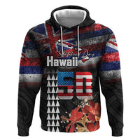 Hawaii Statehood Day Hoodie 50th state of the United States Kakau Tattoos and Hibiscus Grunge LT03 Pullover Hoodie Black - Polynesian Pride