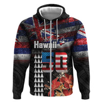 Hawaii Statehood Day Hoodie 50th state of the United States Kakau Tattoos and Hibiscus Grunge LT03 Zip Hoodie Black - Polynesian Pride