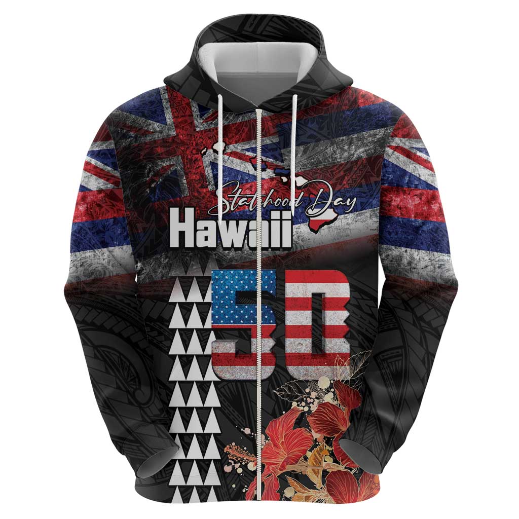 Hawaii Statehood Day Hoodie 50th state of the United States Kakau Tattoos and Hibiscus Grunge LT03 - Polynesian Pride
