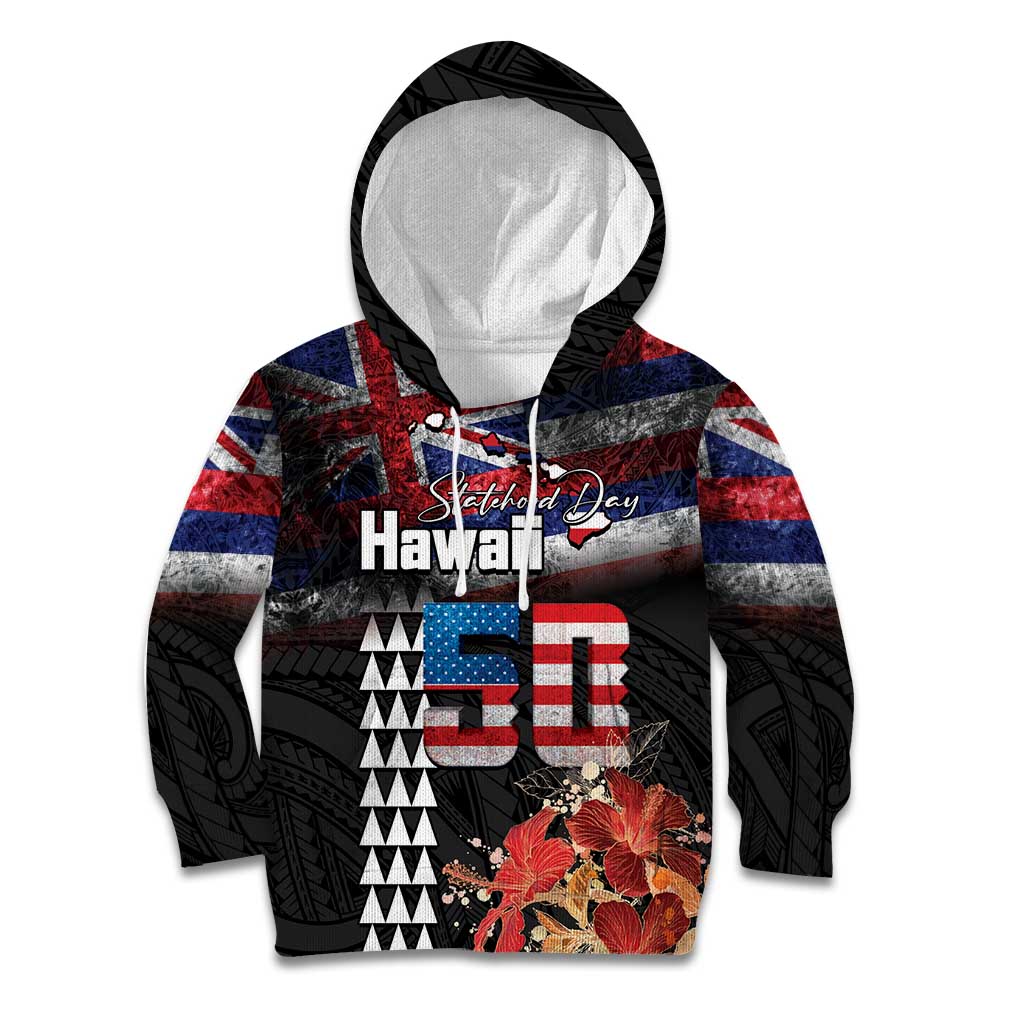 Hawaii Statehood Day Kid Hoodie 50th state of the United States Kakau Tattoos and Hibiscus Grunge LT03 Hoodie Black - Polynesian Pride