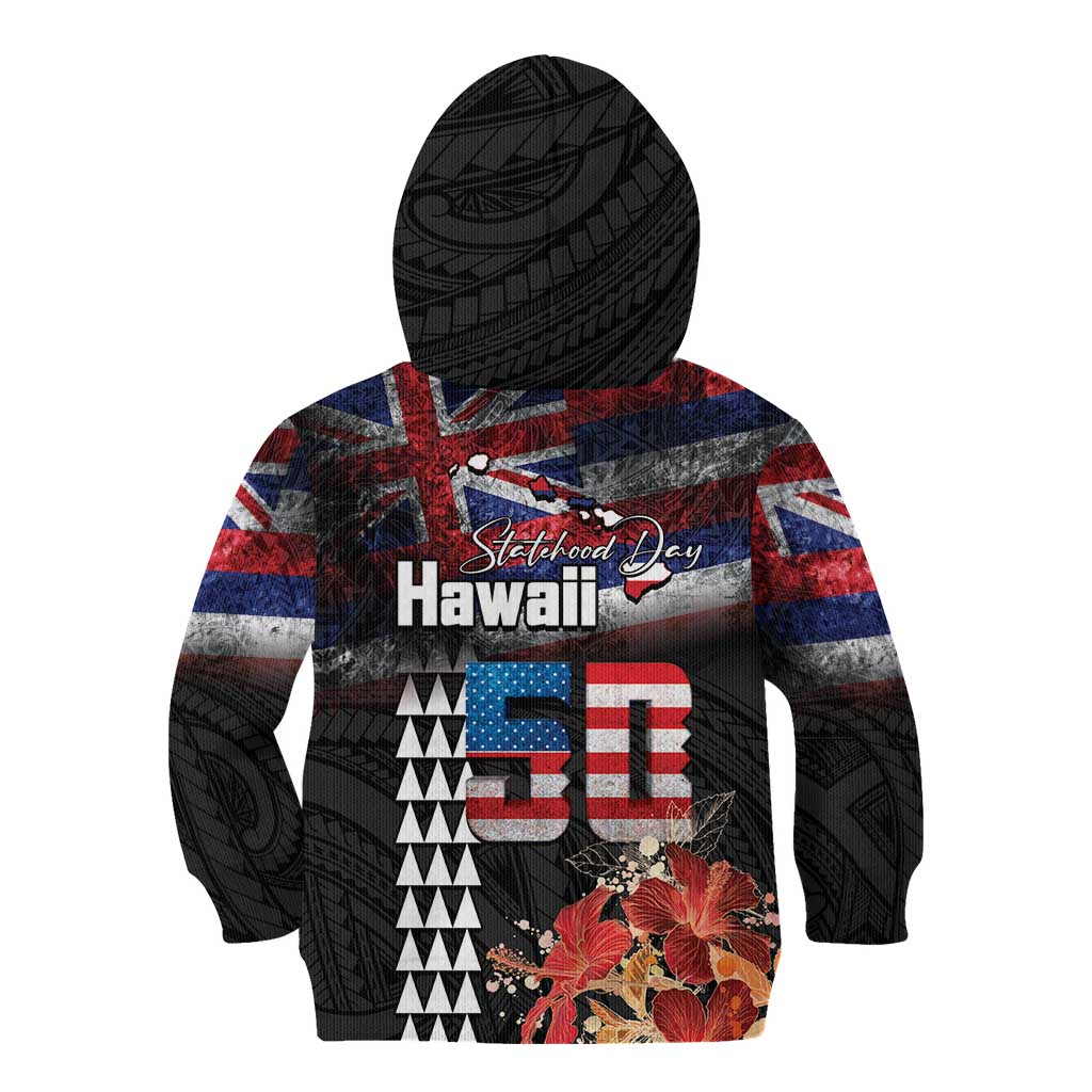 Hawaii Statehood Day Kid Hoodie 50th state of the United States Kakau Tattoos and Hibiscus Grunge LT03 - Polynesian Pride