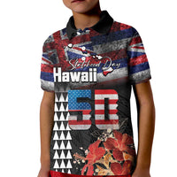 Hawaii Statehood Day Kid Polo Shirt 50th state of the United States Kakau Tattoos and Hibiscus Grunge LT03 Kid Black - Polynesian Pride