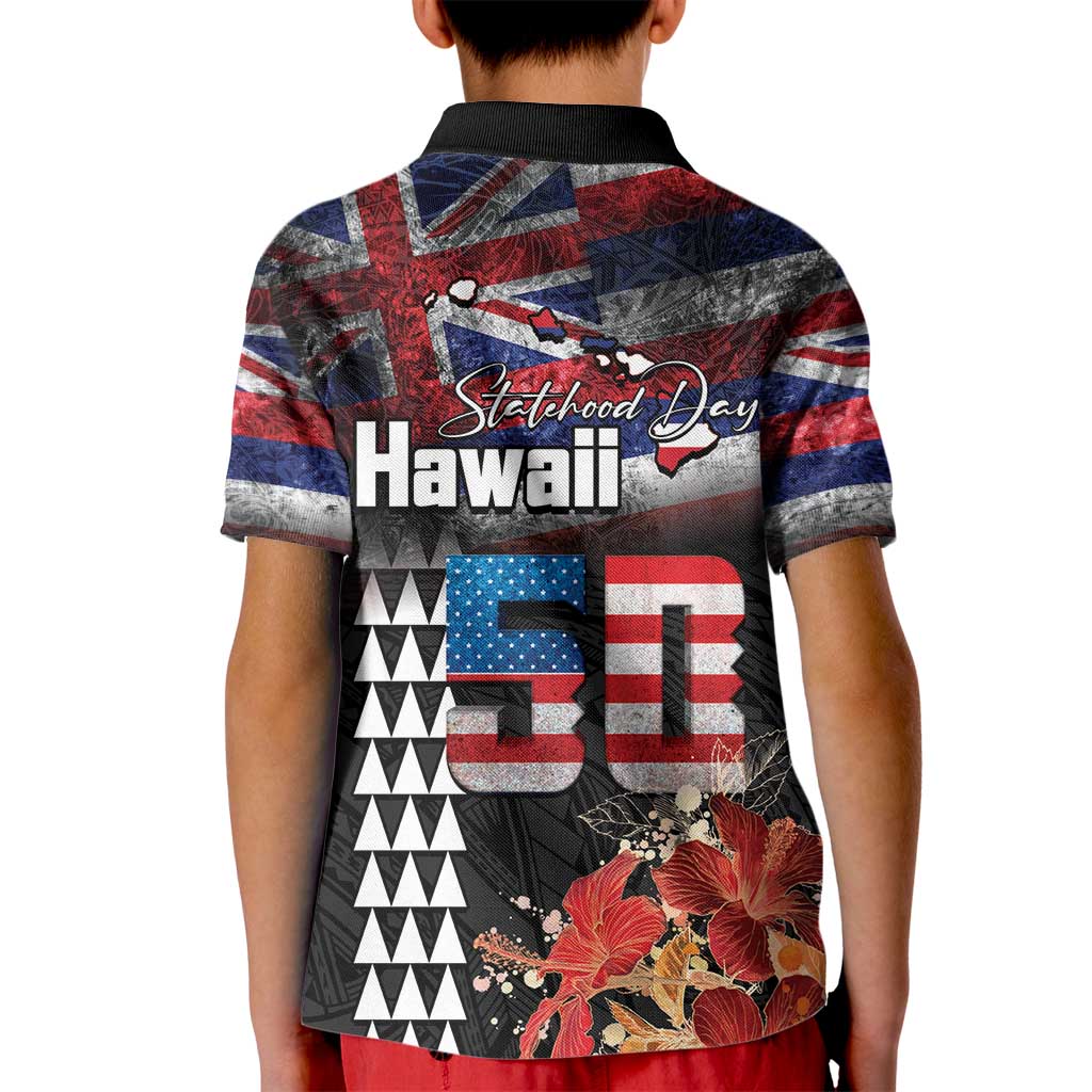 Hawaii Statehood Day Kid Polo Shirt 50th state of the United States Kakau Tattoos and Hibiscus Grunge LT03 - Polynesian Pride
