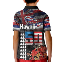 Hawaii Statehood Day Kid Polo Shirt 50th state of the United States Kakau Tattoos and Hibiscus Grunge LT03 - Polynesian Pride