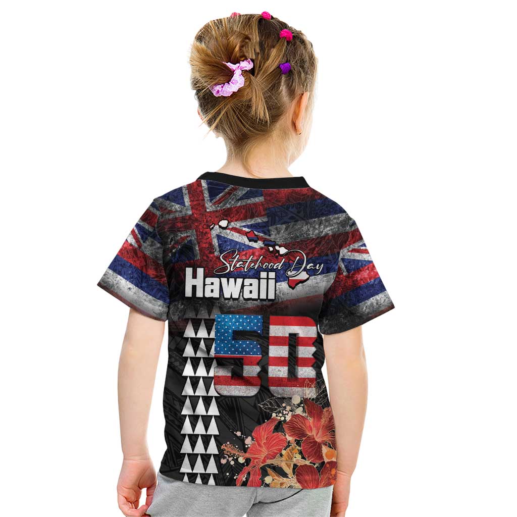Hawaii Statehood Day Kid T Shirt 50th state of the United States Kakau Tattoos and Hibiscus Grunge LT03 - Polynesian Pride