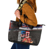 Hawaii Statehood Day Leather Tote Bag 50th state of the United States Kakau Tattoos and Hibiscus Grunge LT03 Black - Polynesian Pride
