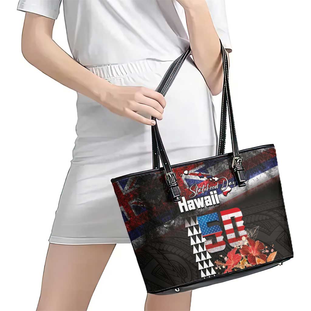 Hawaii Statehood Day Leather Tote Bag 50th state of the United States Kakau Tattoos and Hibiscus Grunge LT03 - Polynesian Pride