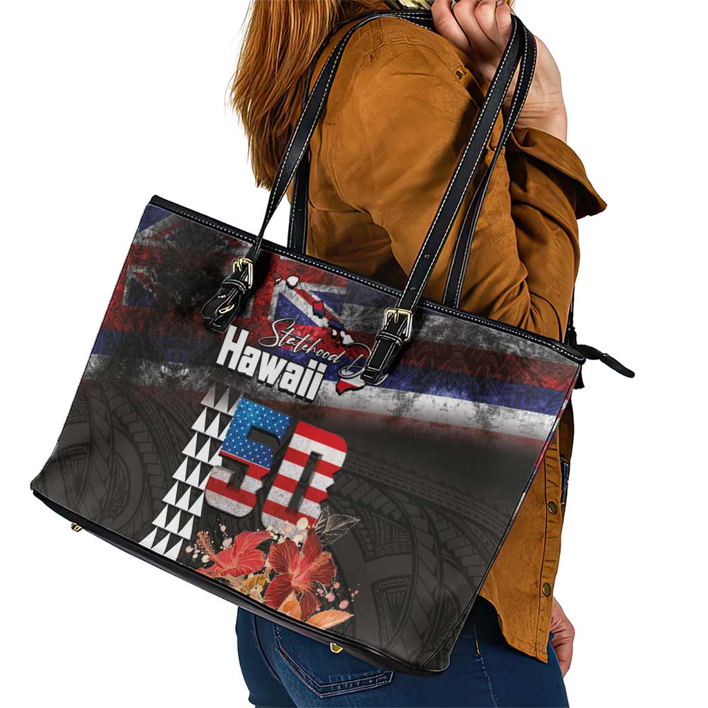 Hawaii Statehood Day Leather Tote Bag 50th state of the United States Kakau Tattoos and Hibiscus Grunge LT03 - Polynesian Pride