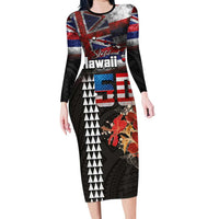 Hawaii Statehood Day Long Sleeve Bodycon Dress 50th state of the United States Kakau Tattoos and Hibiscus Grunge LT03 Long Dress Black - Polynesian Pride