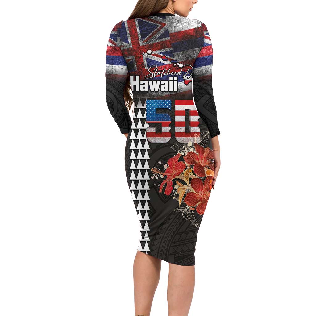 Hawaii Statehood Day Long Sleeve Bodycon Dress 50th state of the United States Kakau Tattoos and Hibiscus Grunge LT03 - Polynesian Pride