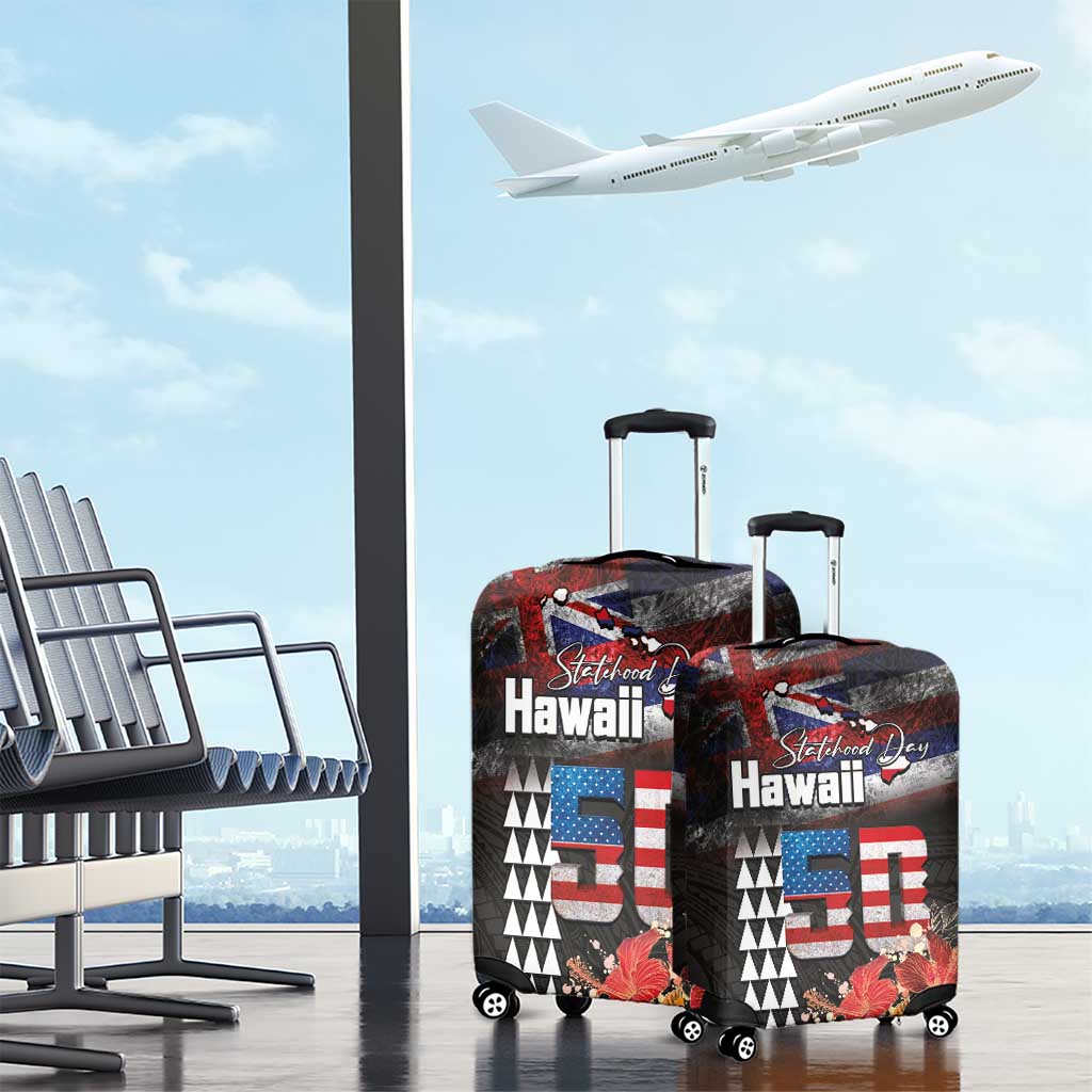 Hawaii Statehood Day Luggage Cover 50th state of the United States Kakau Tattoos and Hibiscus Grunge LT03 - Polynesian Pride