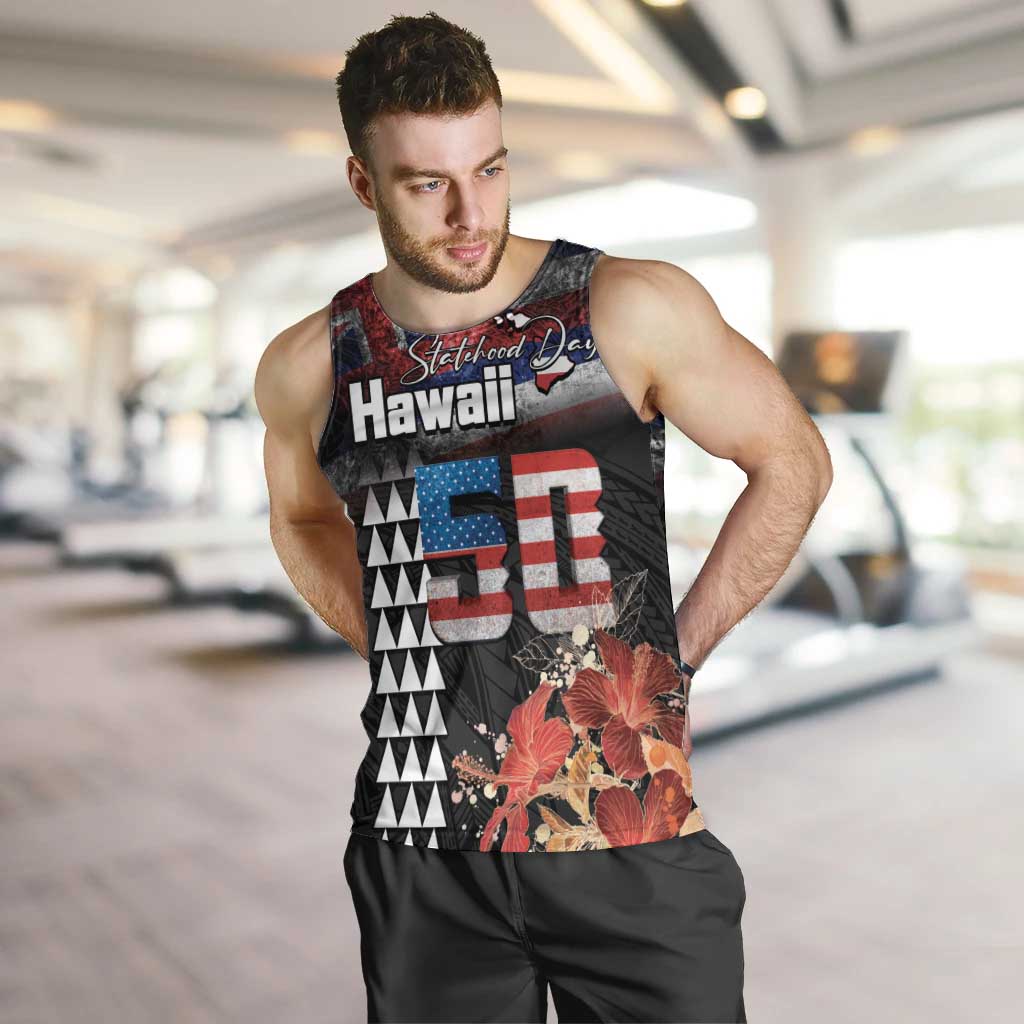 Hawaii Statehood Day Men Tank Top 50th state of the United States Kakau Tattoos and Hibiscus Grunge LT03 Black - Polynesian Pride