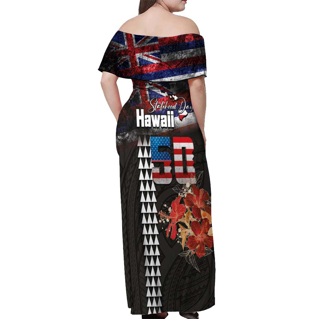 Hawaii Statehood Day Off Shoulder Maxi Dress 50th state of the United States Kakau Tattoos and Hibiscus Grunge LT03 - Polynesian Pride