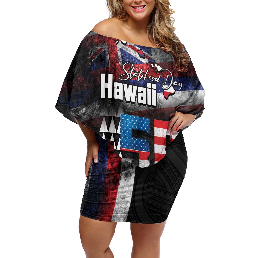 Hawaii Statehood Day Off Shoulder Short Dress 50th state of the United States Kakau Tattoos and Hibiscus Grunge LT03 Women Black - Polynesian Pride