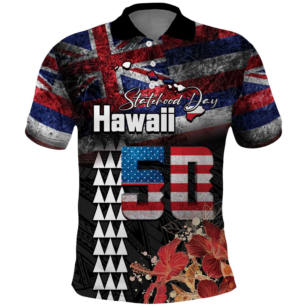 Hawaii Statehood Day Polo Shirt 50th state of the United States Kakau Tattoos and Hibiscus Grunge LT03 Black - Polynesian Pride
