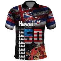 Hawaii Statehood Day Polo Shirt 50th state of the United States Kakau Tattoos and Hibiscus Grunge LT03 Black - Polynesian Pride