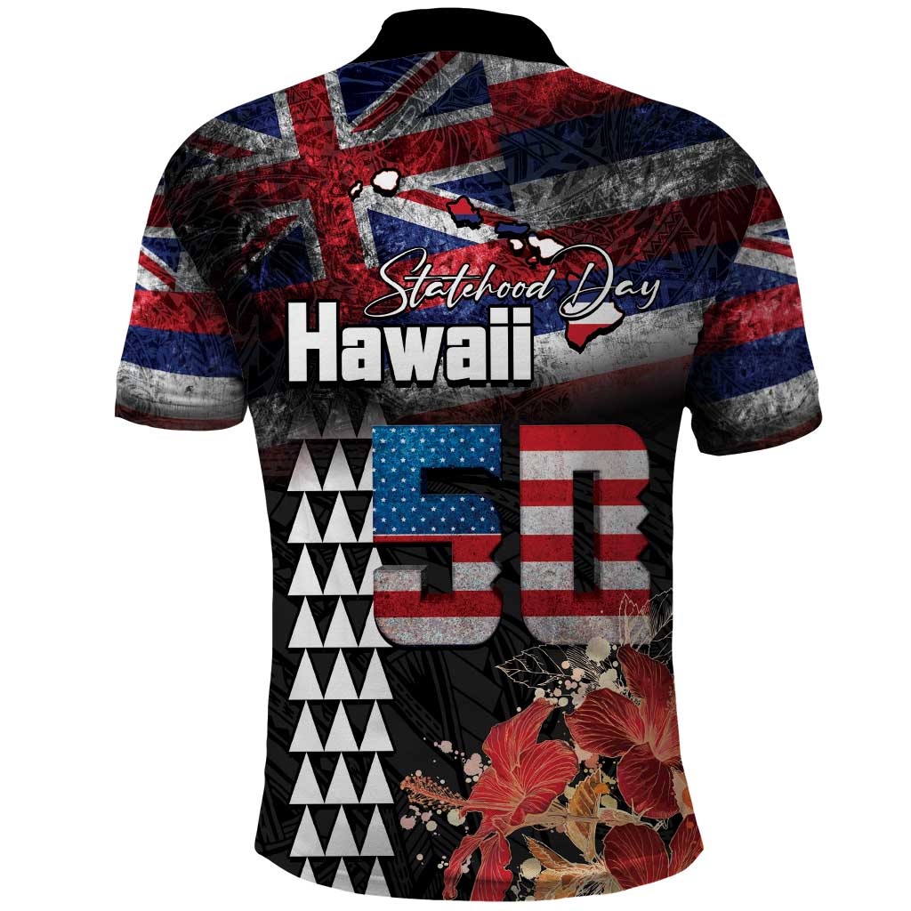 Hawaii Statehood Day Polo Shirt 50th state of the United States Kakau Tattoos and Hibiscus Grunge LT03 - Polynesian Pride