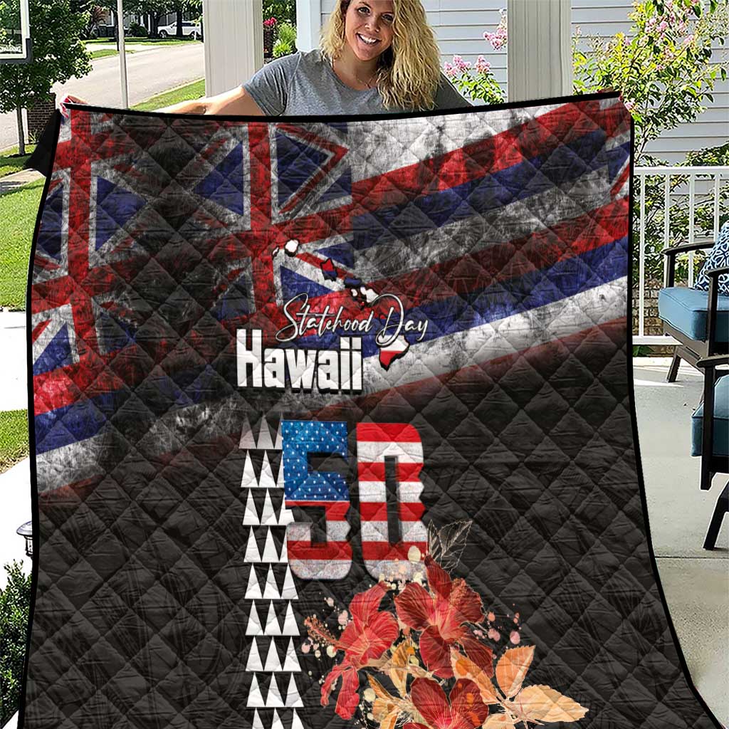 Hawaii Statehood Day Quilt 50th state of the United States Kakau Tattoos and Hibiscus Grunge LT03 Black - Polynesian Pride