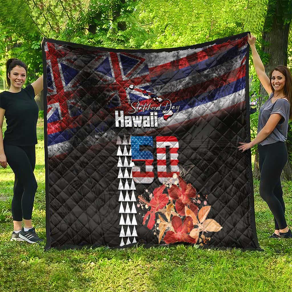 Hawaii Statehood Day Quilt 50th state of the United States Kakau Tattoos and Hibiscus Grunge LT03 - Polynesian Pride