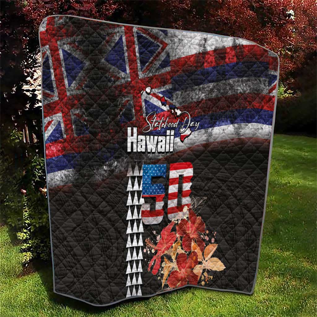 Hawaii Statehood Day Quilt 50th state of the United States Kakau Tattoos and Hibiscus Grunge LT03 - Polynesian Pride