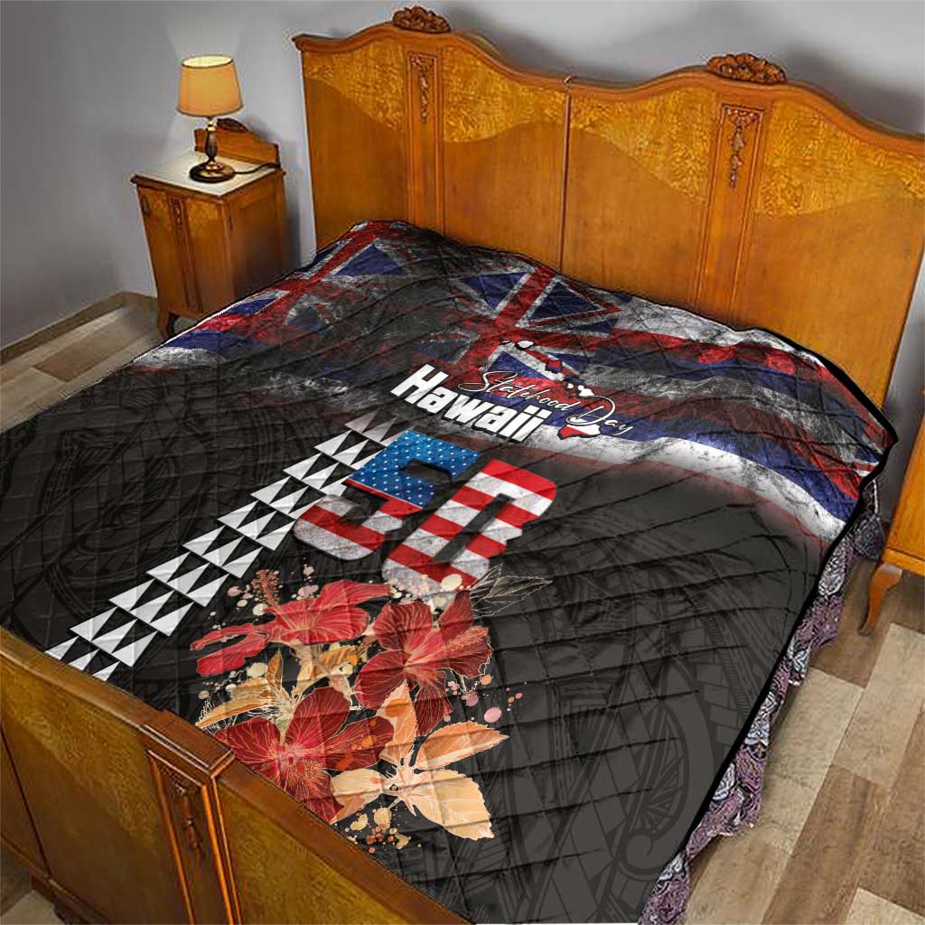 Hawaii Statehood Day Quilt 50th state of the United States Kakau Tattoos and Hibiscus Grunge LT03 - Polynesian Pride