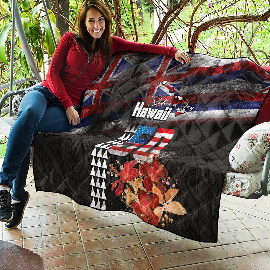 Hawaii Statehood Day Quilt 50th state of the United States Kakau Tattoos and Hibiscus Grunge LT03 - Polynesian Pride
