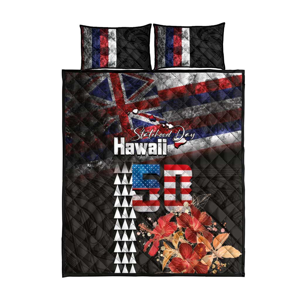 Hawaii Statehood Day Quilt Bed Set 50th state of the United States Kakau Tattoos and Hibiscus Grunge LT03 - Polynesian Pride