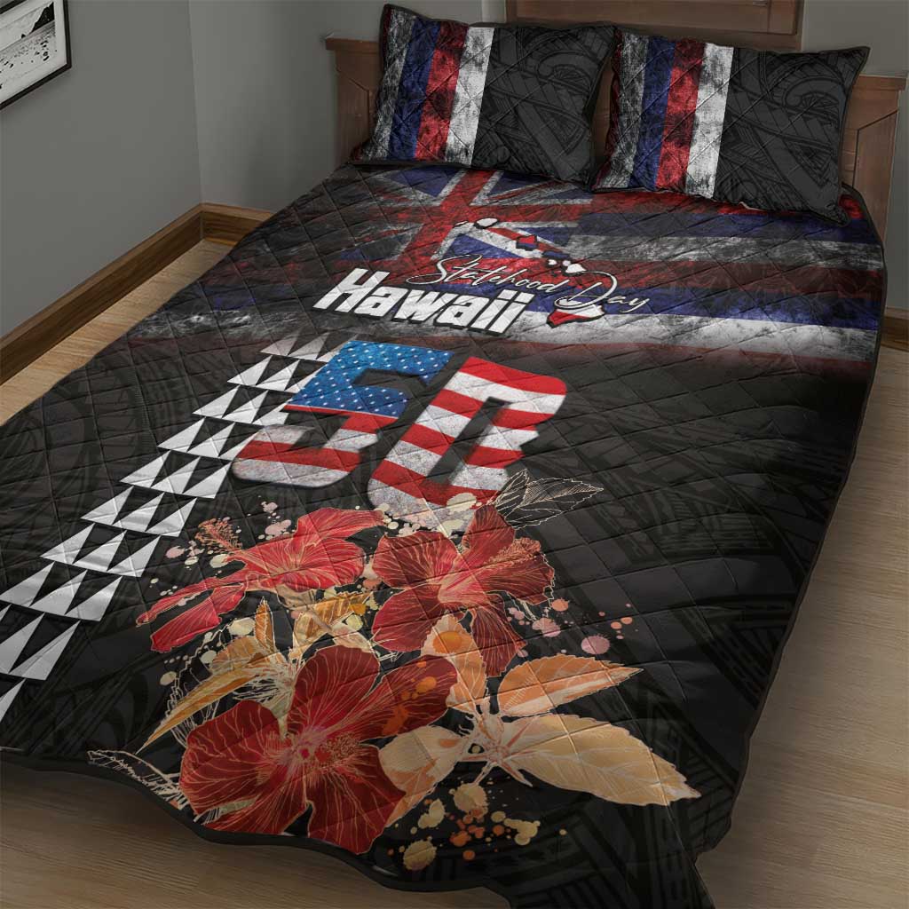 Hawaii Statehood Day Quilt Bed Set 50th state of the United States Kakau Tattoos and Hibiscus Grunge LT03 - Polynesian Pride