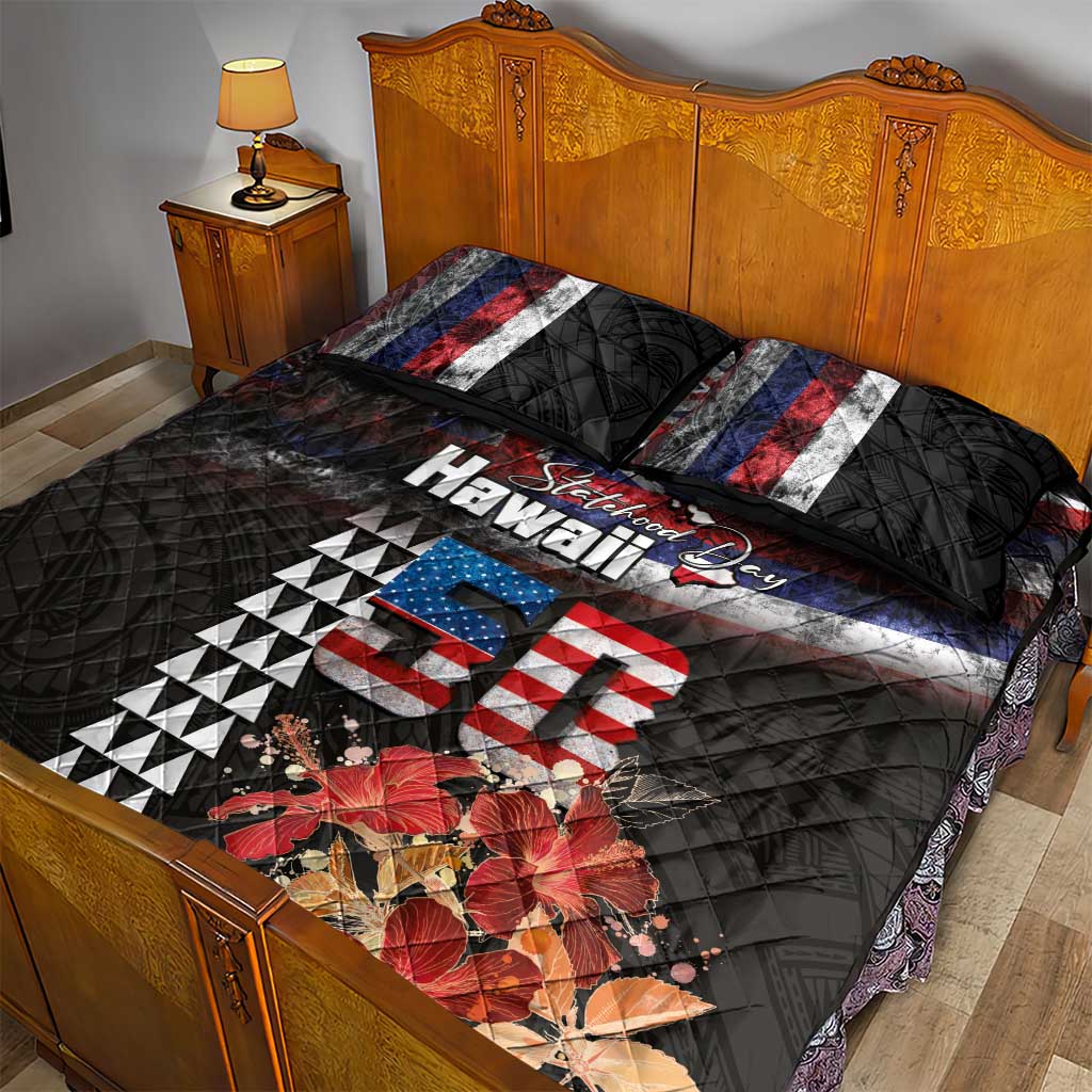 Hawaii Statehood Day Quilt Bed Set 50th state of the United States Kakau Tattoos and Hibiscus Grunge LT03 - Polynesian Pride