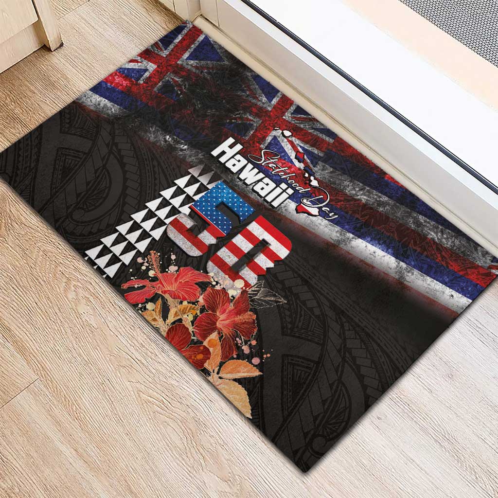 Hawaii Statehood Day Rubber Doormat 50th state of the United States Kakau Tattoos and Hibiscus Grunge LT03 - Polynesian Pride