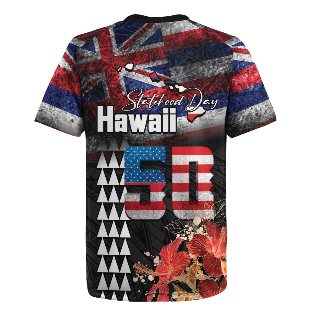 Hawaii Statehood Day Rugby Jersey 50th state of the United States Kakau Tattoos and Hibiscus Grunge LT03 - Polynesian Pride