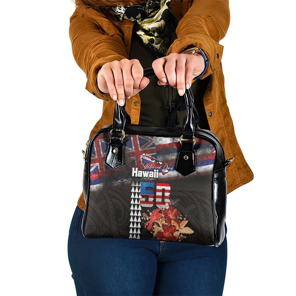 Hawaii Statehood Day Shoulder Handbag 50th state of the United States Kakau Tattoos and Hibiscus Grunge LT03 One Size Black - Polynesian Pride