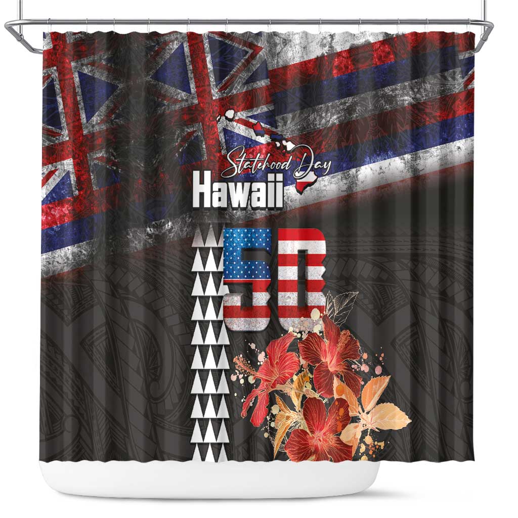 Hawaii Statehood Day Shower Curtain 50th state of the United States Kakau Tattoos and Hibiscus Grunge LT03 Black - Polynesian Pride