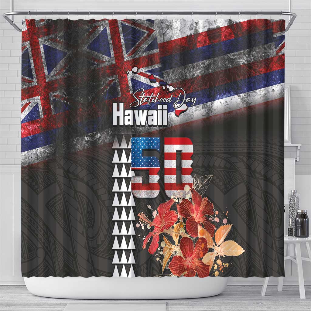 Hawaii Statehood Day Shower Curtain 50th state of the United States Kakau Tattoos and Hibiscus Grunge LT03 - Polynesian Pride